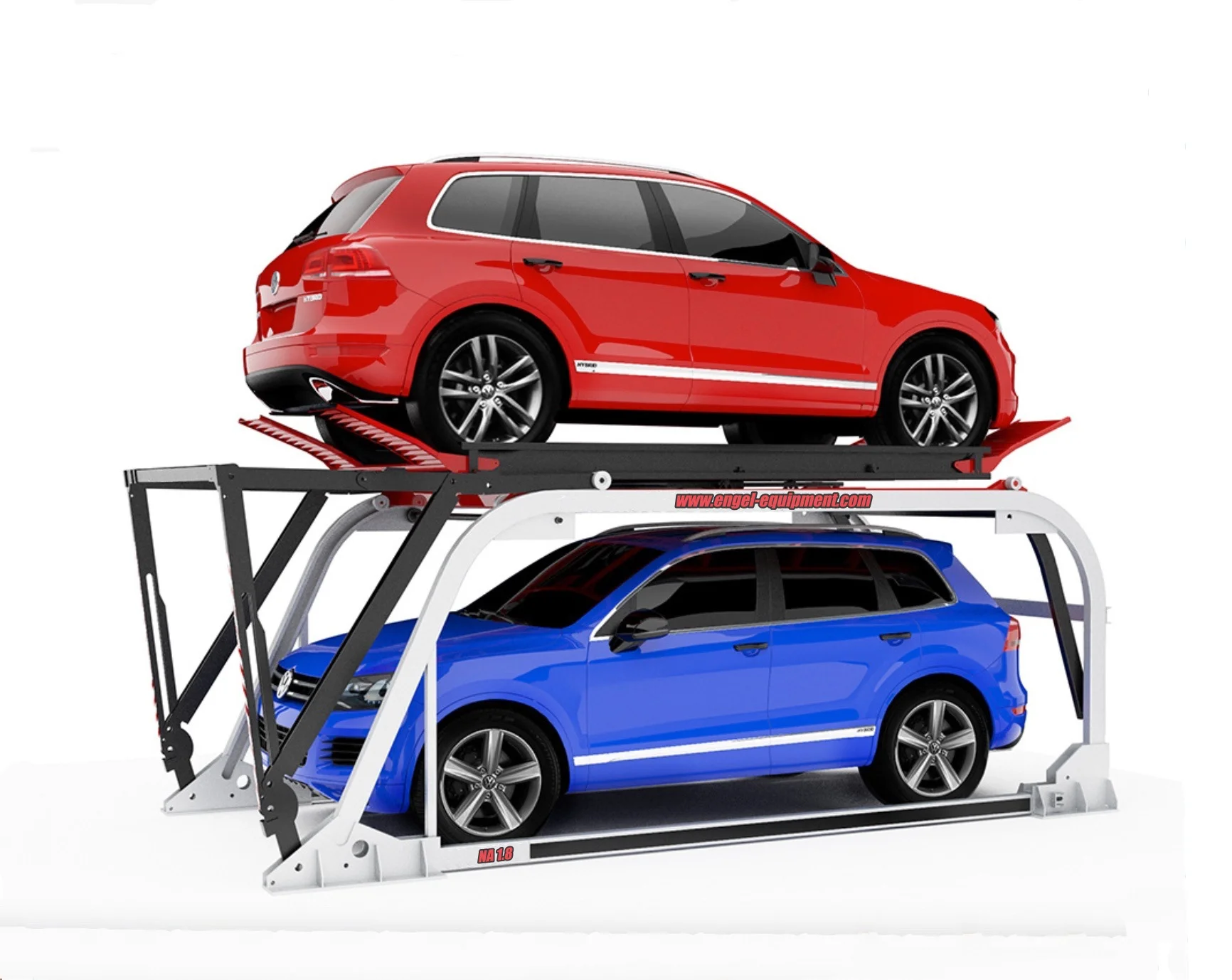 Car lift with red car on top and a blue car beneath.